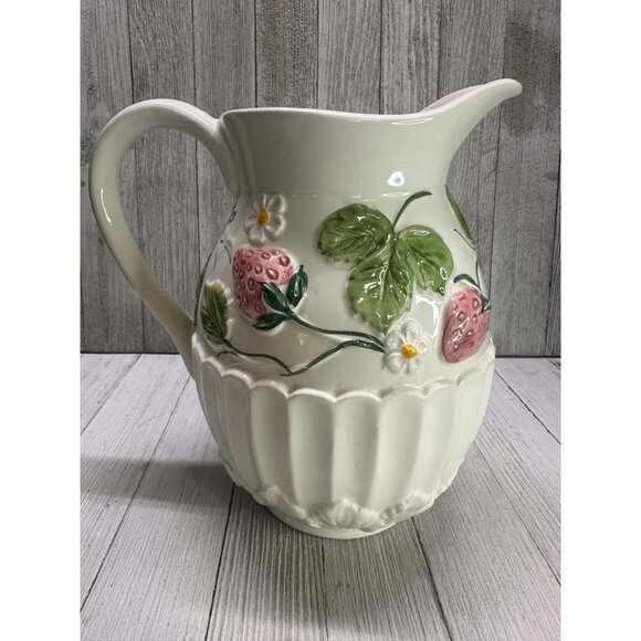 Vintage Neuwirth Pitcher Jug Porcelain Embossed Strawberry 8" Tall Portugal - Picture 1 of 6